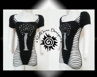 STAR GODDESS - MEDIUM - Women's / Juniors Black Shredded Top with Beautiful Rhinestones, Rave Wear, Club Wear, Burning Man Wear, Sexy Top