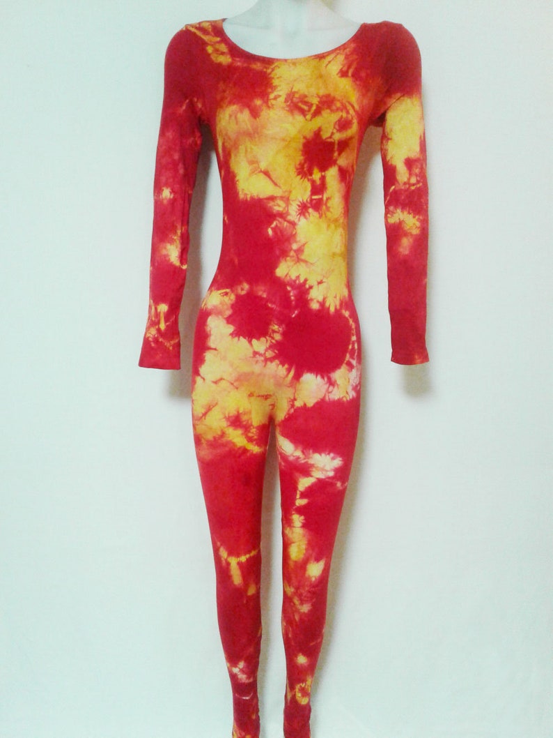 MAGMA One Size Fits SMALL-LARGE Women's / Juniors Bodysuit Orange, Red, Yellow Tie-Dyed Catsuit, Black Light Reactive, Festival Wear, Glow image 2