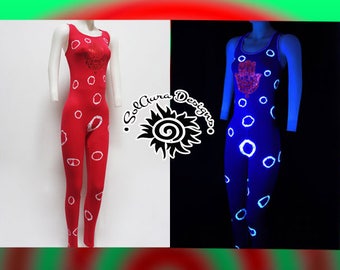 BUBBLES  - One Size Fits SMALL - LARGE Tie Dyed Red and White Catsuit, Fluorescent, Black Light Reactive - Festival Wear, Performance Wear