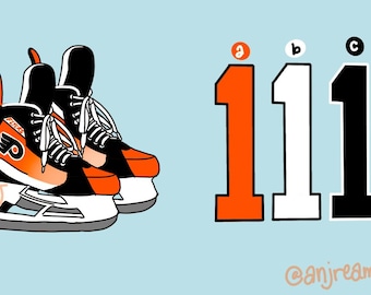 May include: An illustration featuring ice hockey skates in black, orange, and white. Beside the skates are three number 1s in orange, white, and black. The background is light blue. The artist's name is in the bottom right corner.