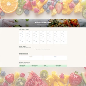 Op de afbeelding: Een website-interface voor een maaltijdplanner, met een lichtgroen en wit kleurenschema. De website toont een weekmaaltijdplan, opgeslagen maaltijden, wekelijkse voeding en gezonde snackideeën. De afbeelding wordt omlijst door een kleurrijk assortiment vers fruit.