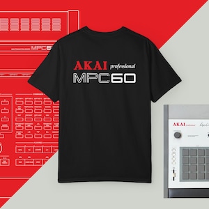 May include: Black t-shirt with the text "AKAI professional MPC60" in red and white. The shirt is displayed with a red background featuring a diagram of a music production center and a close-up of an AKAI MPC60.