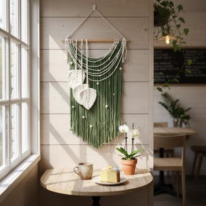 Boho Macrame Leaf Wall Hanging, Modern Botanical Tapestry, Farmhouse Decor
