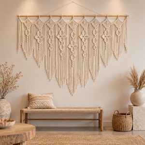 May include: A large off-white macrame wall hanging featuring intricate knotted geometric patterns and long fringe, suspended from a horizontal wooden rod. The piece displays a symmetrical design with repeating diamond and floral-like motifs.