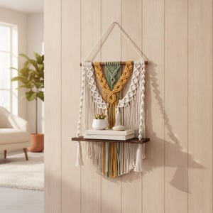 May include: A wall-mounted macrame shelf featuring cream, mustard yellow, and sage green cotton cord knots suspended from a dark wooden dowel. The shelf holds a small white ceramic pot with a succulent and two stacked rectangular books.
