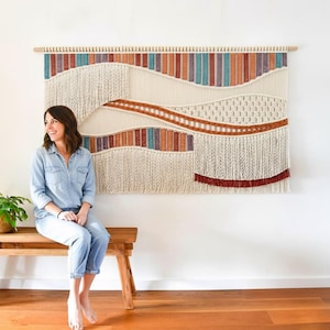Custom Macrame Wall Hanging, Large Boho Woven Tapestry, Brown Cream Wave Fiber Art, Fringe Wall Decor for Dining Room Bedroom