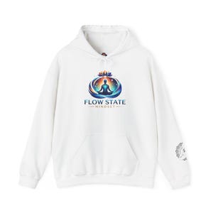 May include: White hoodie with a front pocket and drawstring hood. The front features a colorful graphic of a person meditating inside a lotus flower, with the words "FLOW STATE MINDSET". A small design is on the sleeve.