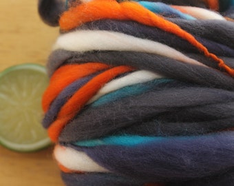 Navy Blue Yarn, Orange Yarn, Handspun Yarn, Thick and Thin Yarn, Chunky Crochet Yarn, Turquoise Yarn, Bulky Yarn, Knitting Wool, Merino Yarn