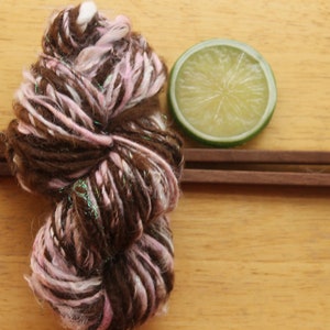 Handspun Alpaca Yarn, Chocolate Brown Yarn, pink yarn sample, sparkly yarn, angora yarn worsted weight, wool free mini skein, luxury yarn