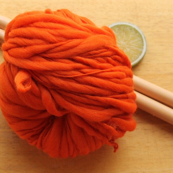 Bright Orange Yarn, Handspun Yarn, Thick and Thin Yarn, Chunky Yarn, Bulky Yarn, Knitting Wool, Weaving Yarn, Crochet Yarn, Merino Wool Yarn