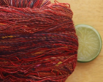 Red Yarn, Lace Yarn, Sparkly Yarn, Handspun Yarn, Merino Silk Yarn, Knitter Gift, Luxury Yarn, Sari Silk Yarn, Artisan Yarn, Orange Yarn