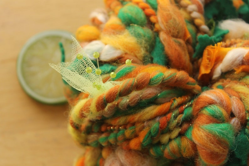 Hand Dyed Wool Orange Green Brown Super Bulky Plied Fat Soft Metallic Gold Fabric Flowers Coils FEAST Bulky Art Yarn Handspun