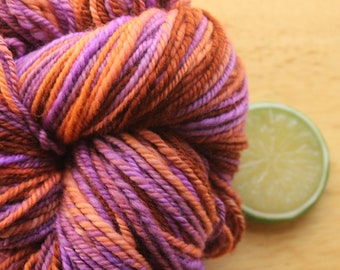Lavender Yarn, Handspun Wool Yarn, Peach Yarn, Washable Yarn, Hand Dyed Worsted Yarn, Purple Yarn, Knitter Gift, Crochet Yarn, Plied Yarn