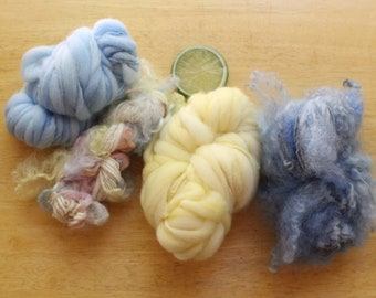 Pastel Yarn, Handspun Art Yarn, Curly Yarn, Mini Skein Set, Yellow Yarn, Knitting Wool, Yarn Bundles for Weaving, Yarn Samples, Blue Yarn