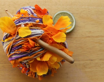 Handspun Art Yarn, Orange Yarn, Purple Yarn, Self Striping Yarn, Handmade Yarn, Hand Dyed Worsted Weight Yarn, Crochet Yarn, Flower Yarn