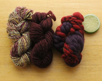 Mini Skein Set, Burgundy Yarn, Purple Yarn, Autumn Yarn, Handspun Yarn Bundles, Art Yarn Bundle, Weaving Yarn Assortment, Yarn Sampler