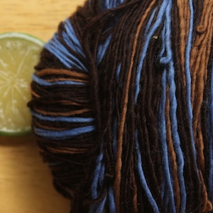 Blue Yarn, Handspun Yarn, sport weight self striping, merino wool yarn brown, crochet yarn, knitter gifts, handmade yarn, single ply yarn