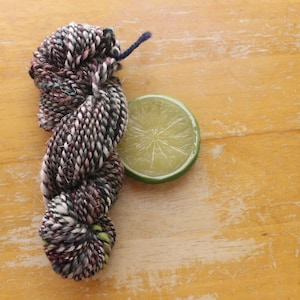 Handspun Mini Skein, forest green yarn worsted weight, white wool blend yarn for weaving, sparkly yarn, 2 ply yarn sample, burgundy yarn