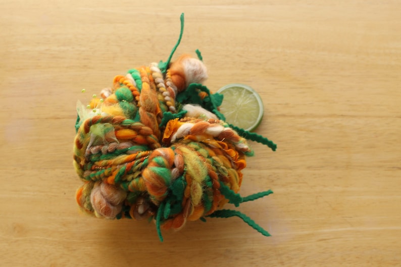 Hand Dyed Wool Orange Green Brown Super Bulky Plied Fat Soft Metallic Gold Fabric Flowers Coils FEAST Bulky Art Yarn Handspun