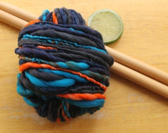 Handspun Yarn, Navy Blue Yarn, Superwash Merino Yarn, Bulky Yarn, Self Striping Yarn, Orange Yarn, Chunky Crochet Yarn, Turquoise Yarn Soft