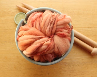 Peach Yarn, Curly Yarn, Handspun Art Yarn, Thick Thin Yarn, Hand Dyed Bulky Yarn, Pink Yarn, Knitting Wool, Pastel Yarn, Chunky Merino Yarn