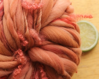 Curly Yarn, Thick Thin Yarn, Bulky Yarn Hand Dyed, Pink Yarn, Handspun Art Yarn Chunky, Coral Yarn, Peach Yarn, Knitter Gift, Weave Yarn