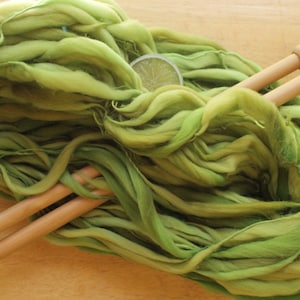 Bright Green Yarn, Handspun Thick and Thin Yarn, chunky crochet yarn, handmade yarn, weaving yarn, hand dyed merino yarn, knitter gifts