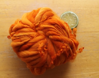 Curly Wool Yarn, Handspun Yarn, Thick and Thin Yarn, Hand Dyed Bulky Yarn, Merino Wool Yarn, Art Yarn, Orange Yarn, Pumpkin Yarn, Plush Yarn