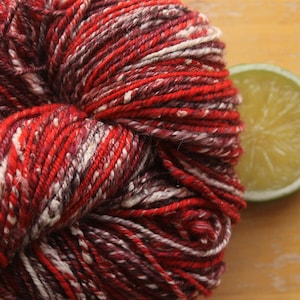 Red and White Yarn, Merino Silk Yarn, handspun wool yarn, dk yarn, crochet yarn, knitter gifts, fiber art yarn, textured yarn, artisan yarn