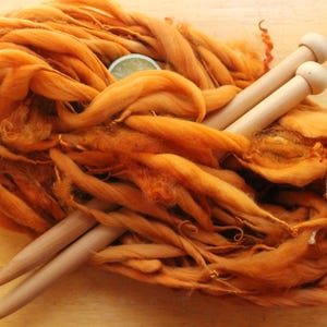 Curly Yarn for Knitting, Handspun Art Yarn Bulky, thick and thin yarn, orange hand dyed yarn, weaving yarn, lockspun yarn, merino wool yarn