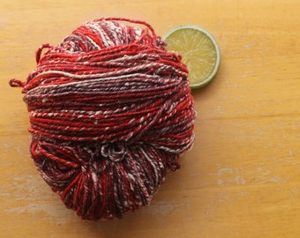 Red and White Yarn, Merino Silk Yarn, Hand Spun Yarn, DK Yarn, Crochet Yarn, Knitter Gift, Silk Noil Yarn, Fiber Art Yarn Soft, Made in USA