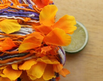 Handspun Art Yarn, Orange Yarn, Purple Yarn, Self Striping Yarn, Hand Dyed Merino Wool Yarn, Worsted Weight Yarn, Crochet Yarn, Flower Yarn