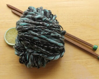 Bulky Art Yarn, Sparkly Yarn, Black Yarn, Handspun Yarn, Silver Yarn, Chunky Crochet Yarn, Blue Yarn, Knitter Gift, Weaving Yarn, Thick Yarn