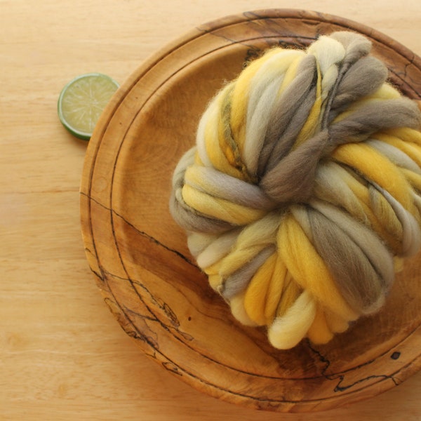 Handspun Wool Yarn - ASPEN - Gold Grey Silver Superfine Merino Thick and Thin Skein Super Bulky Slub