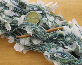 Flower Yarn, Handspun Art Yarn, Worsted Yarn, Sparkly Yarn, Blue and Green Yarn, Knitting Wool, Merino Silk Yarn, White Yarn, Unique Yarn