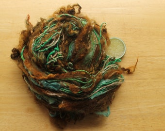 Curly Wool Yarn, Green Yarn, Brown Yarn, Handspun Art Yarn, Unique Yarn, Worsted Weight Yarn, Crochet Yarn, Knitter Gift, Fantasy Yarn Soft