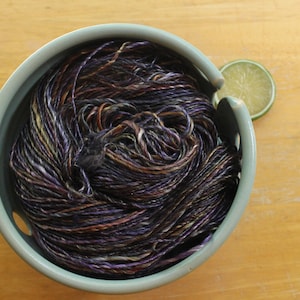 Handspun Yarn, Hand Dyed Merino DK Light, purple and orange yarn, brown yarn, tencel yarn, wool blend yarn, crochet yarn, handmade yarn