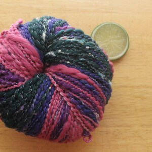Pink Yarn, Purple Yarn, handspun merino silk yarn, teal yarn, beaded art yarn, sparkle yarn, self striping worsted yarn, dark green yarn