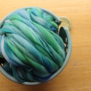 Blue Green Yarn, Handspun Yarn, thick and thin slub yarn, knitter gifts, bulky hand dyed yarn, crochet yarn, weaving wool, merino yarn