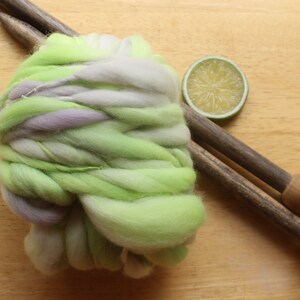 Light Green Yarn, Thick and Thin Yarn, lavender yarn hand spun, pastel yarn, knitter gifts, superwash merino yarn hand dyed, bulky art yarn