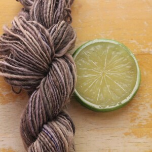 May include: A twisted skein of yarn featuring variegated shades of brown, tan, and grey, positioned next to a single fresh lime slice. The yarn displays a multi-tonal, hand-dyed appearance with visible fiber texture and a soft, loosely spun structure.