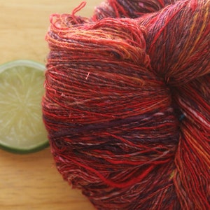 Red Wool Yarn for Knitting, Laceweight Yarn, sparkly yarn, handspun yarn, merino yarn, sari silk yarn, artisan yarn, purple yarn, soft yarn