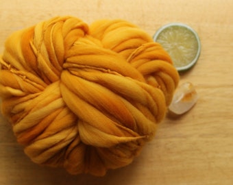 Golden Yellow Yarn, Thick Thin Yarn, Handspun Yarn, Chunky Crochet Yarn, Weaving Yarn, Bulky Hand Dyed Yarn, Knitter Gift, Fluffy Yarn Soft