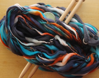 Navy Blue Yarn, Orange Yarn, chunky crochet yarn, thick and thin yarn, hand dyed handspun yarn, superfine merino, superwash merino yarn soft