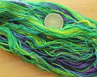 Lime Green and Purple Yarn, Superwash Merino Yarn, DK Hand Dyed Yarn, Handspun Yarn, Superfine Yarn, Self Striping Yarn Soft, Knitting Wool