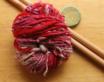 Red Yarn, Silk Noil Yarn, Handspun Art Yarn, White Yarn, Merino Yarn, Pink Yarn, Bulky Yarn, Knitting Wool, Valentine Yarn, Sparkly Yarn