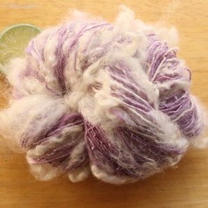 Curly Yarn, Lavender Yarn, handspun art yarn, sparkle yarn dk, knitter gifts, crochet yarn, artisan yarns, weaving yarn, unique yarn soft
