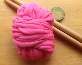 Pink Yarn, Thick and Thin Yarn, Handspun Bulky Yarn, Knitter Gift, Chunky Crochet Yarn, Weaving Yarn, Neon Yarn, Merino Yarn, Fluffy Yarn