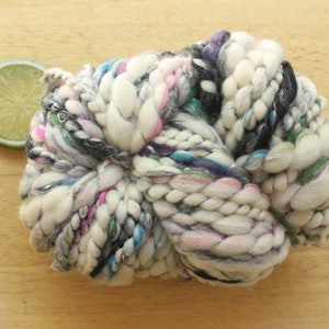 Handspun Art Yarn, Super Bulky Yarn, confetti yarn, white wool yarn, merino silk yarn, chunky crochet yarn, wool weaving yarn, speckle yarn