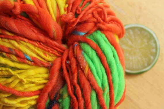 Orange Yarn, Sparkly Yarn, Handspun Yarn, Yellow Yarn, Chunky Crochet Yarn,  Knitting Wool, 3 Ply Yarn, Bulky Yarn, Neon Yarn, Handmade Yarn 